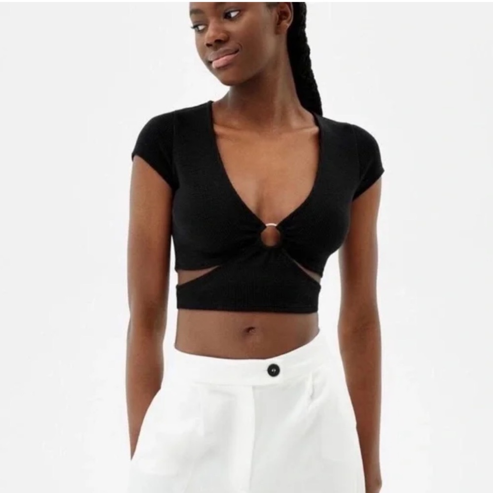 Bershka Black Ribbed Cropped Side Cut Out Short Sleeve Going Out Top Women’s S